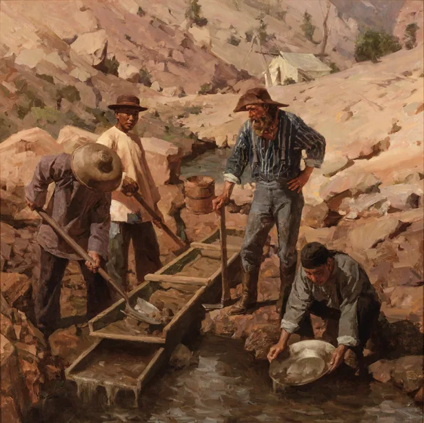 Four men from Far East 02 Mining pan for gold in a rocky creek using sluice boxes and pans, with a tent set up in the background among hills.