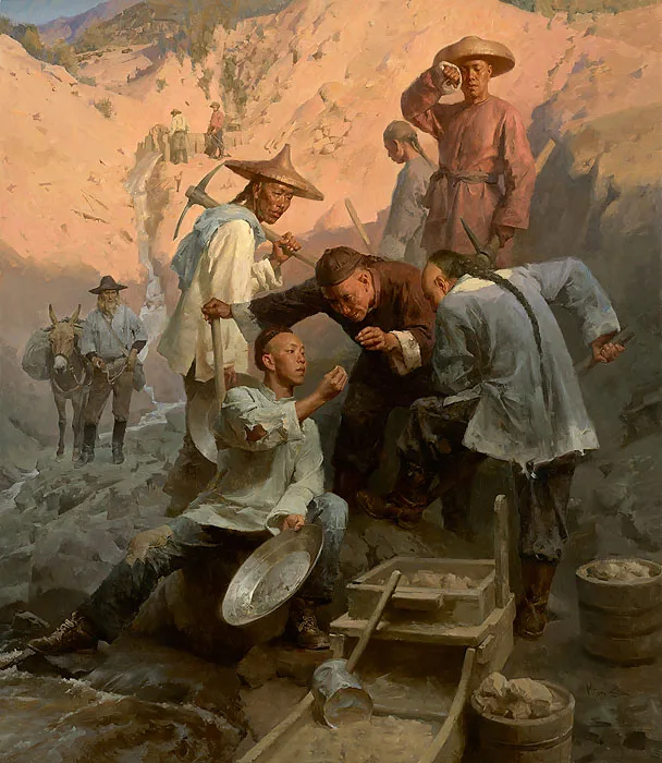 A group of men examine a small object, possibly gold, in a rocky, sunlit canyon with Far East 02 Mining tools and pack animals visible in the background.