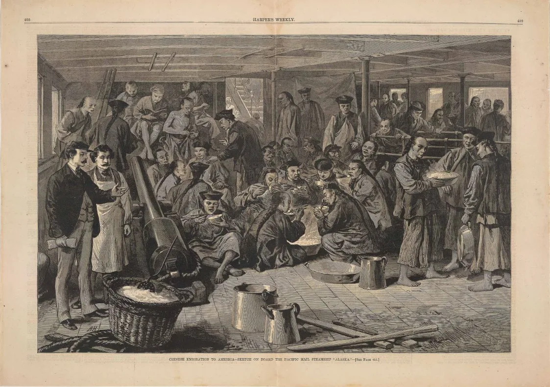 A large group of people, mostly men, eat rice and interact inside a crowded wooden building with cooking pots, baskets, and kitchenware visible—capturing a moment in the journey of Far East immigration.