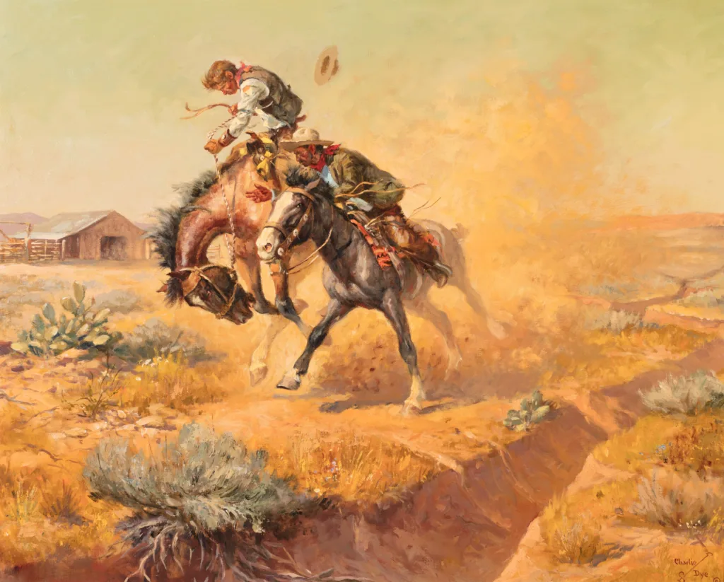 Two men on horses ride through a dusty, rugged landscape in classic Western art style; one man appears to be falling off his bucking horse while the other looks on. A wooden structure stands in the background.