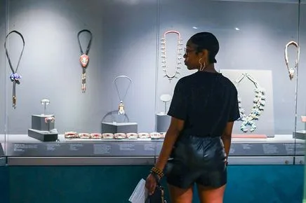A person stands in front of a glass display case showcasing various necklaces and jewelry in a museum or gallery, enjoying exclusive member benefits.
