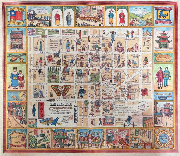 Illustrated map of San Francisco Chinatown, featuring street names, landmarks, and drawings of people, buildings, and symbols—plus subtle references to the FarEast 07 Earthquake woven throughout the lively border.