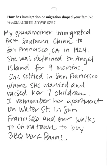 Handwritten note describes a grandmother's immigration from Southern China to San Francisco in 1924, her detention on Angel Island, and family memories in San Francisco—reflections reminiscent of a FarEast 12 sailboat journey across generations.