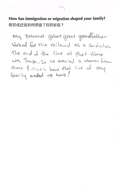 A handwritten response explains that the writer’s paternal great-great-grandfather worked for the railroad, married in Tampa, and that’s how their family settled in the area—one of many stories captured in FarEast 12 Reflections.