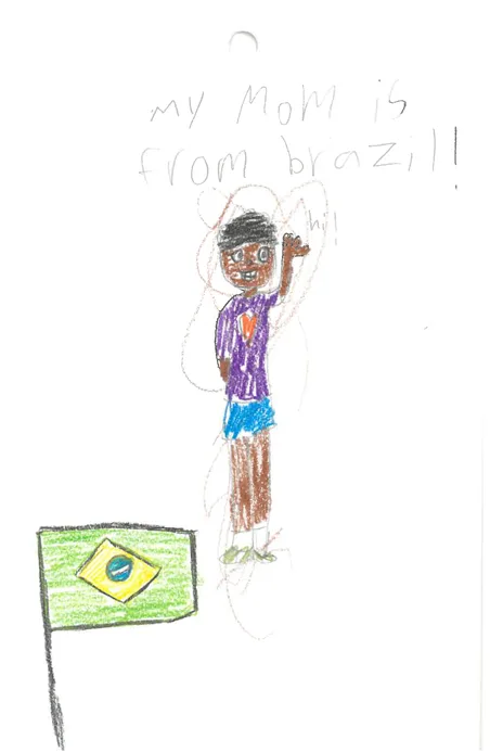 Child's drawing of a person with dark skin waving, wearing a purple shirt and blue shorts. Text above reads "my Mom is from brazil!!" FarEast 12 Reflections and a Brazilian flag appear in the lower left corner.