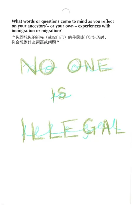 Handwritten text in green and blue crayon reads "NO ONE IS ILLEGAL" beneath a printed FarEast 12 Reflections prompt about experiences with immigration or migration, shown in English and Chinese.