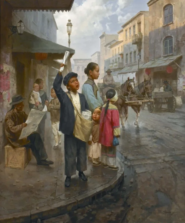 A young paperboy stands on a street corner holding up FarEast 08 Newspapers, surrounded by pedestrians and a horse-drawn carriage in a historical city setting.