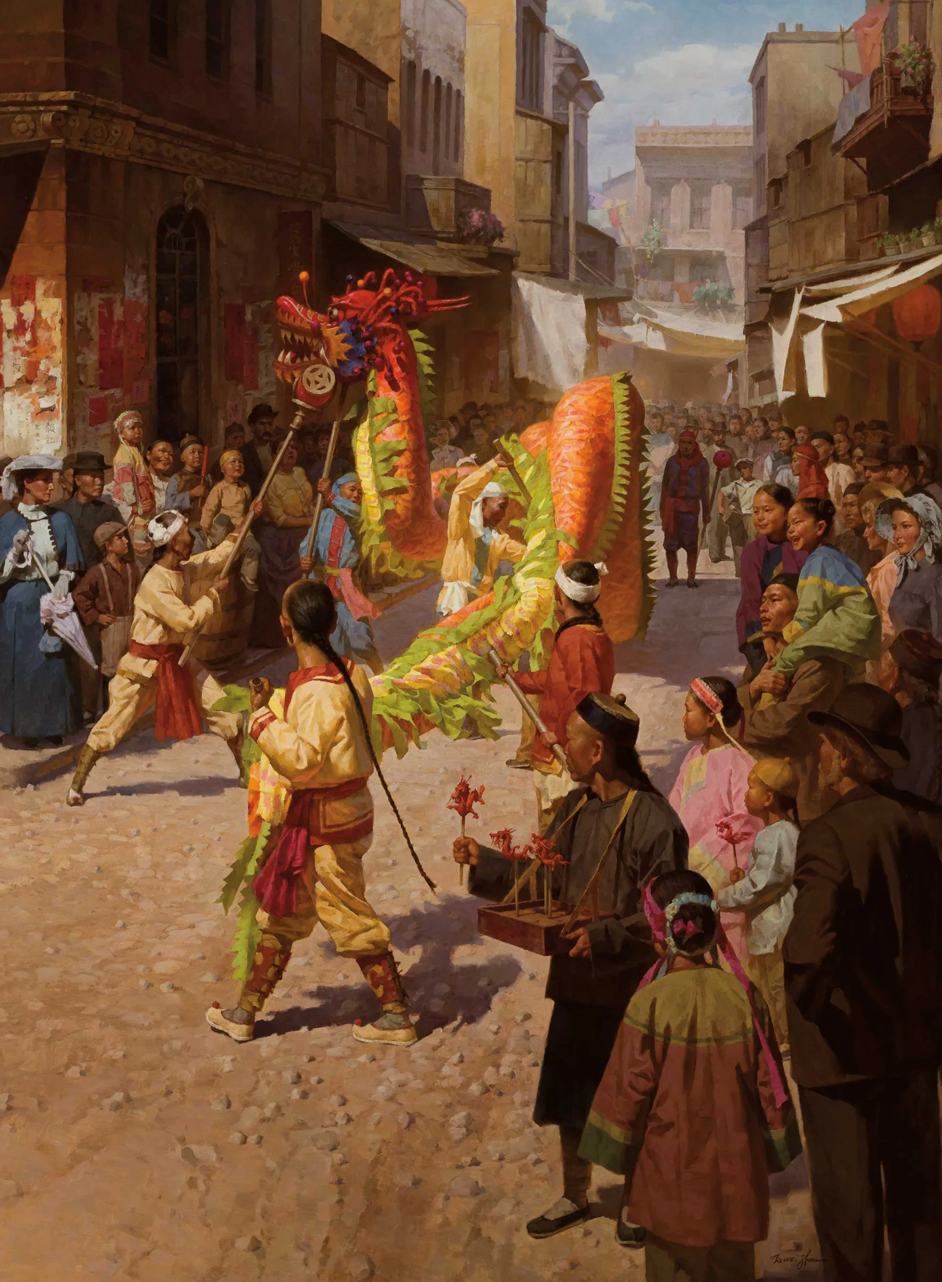 A street scene features performers in traditional costume dancing with a colorful dragon puppet, surrounded by onlookers in an old city setting during FarEast Festivals.