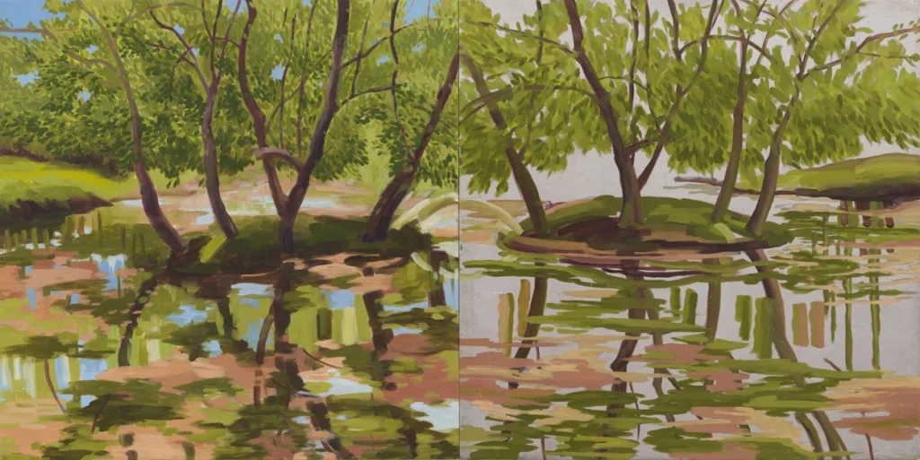Kay WalkingStick (b. 1935) July Low Water, 2010 Oil and palladium leaf on panel in two parts Courtesy the artist and Hales, London and New York. Photo by JSP Art Photography © Kay WalkingStick